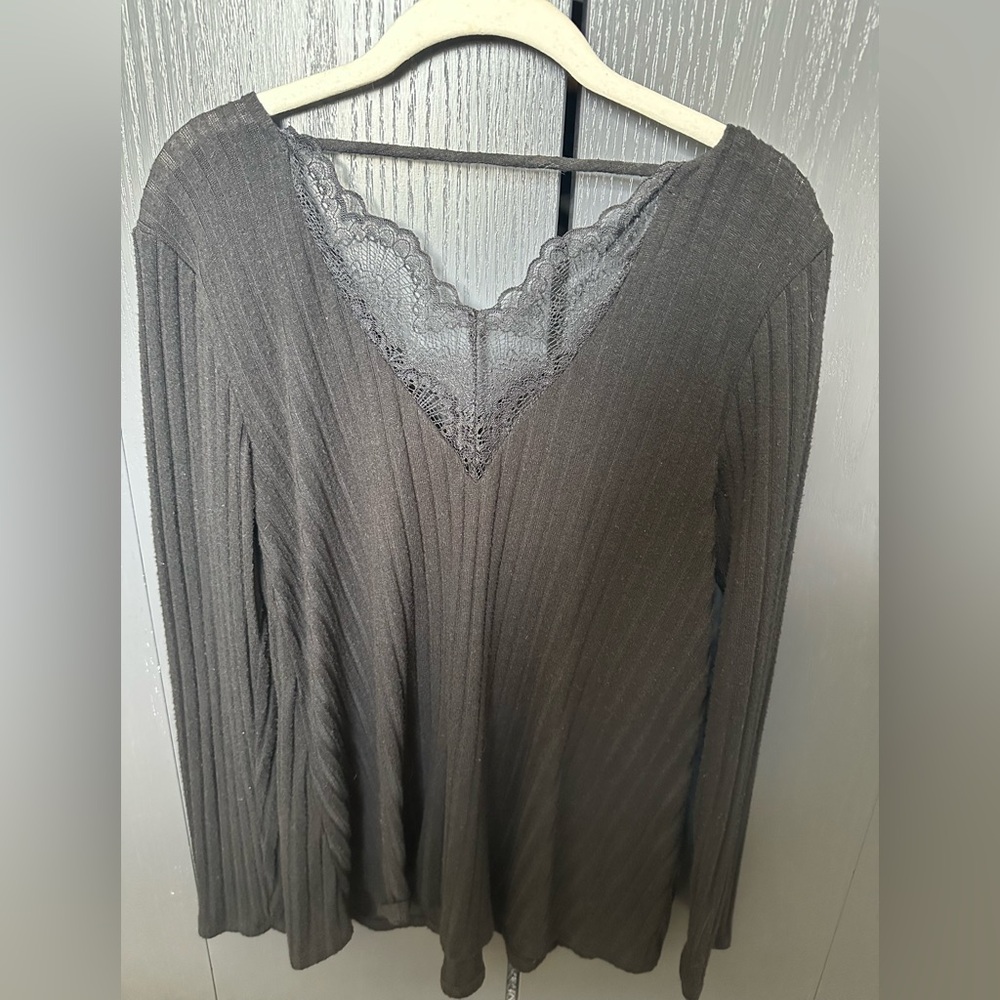 Black Ribbed V-Neck Sweater with Lace Trim